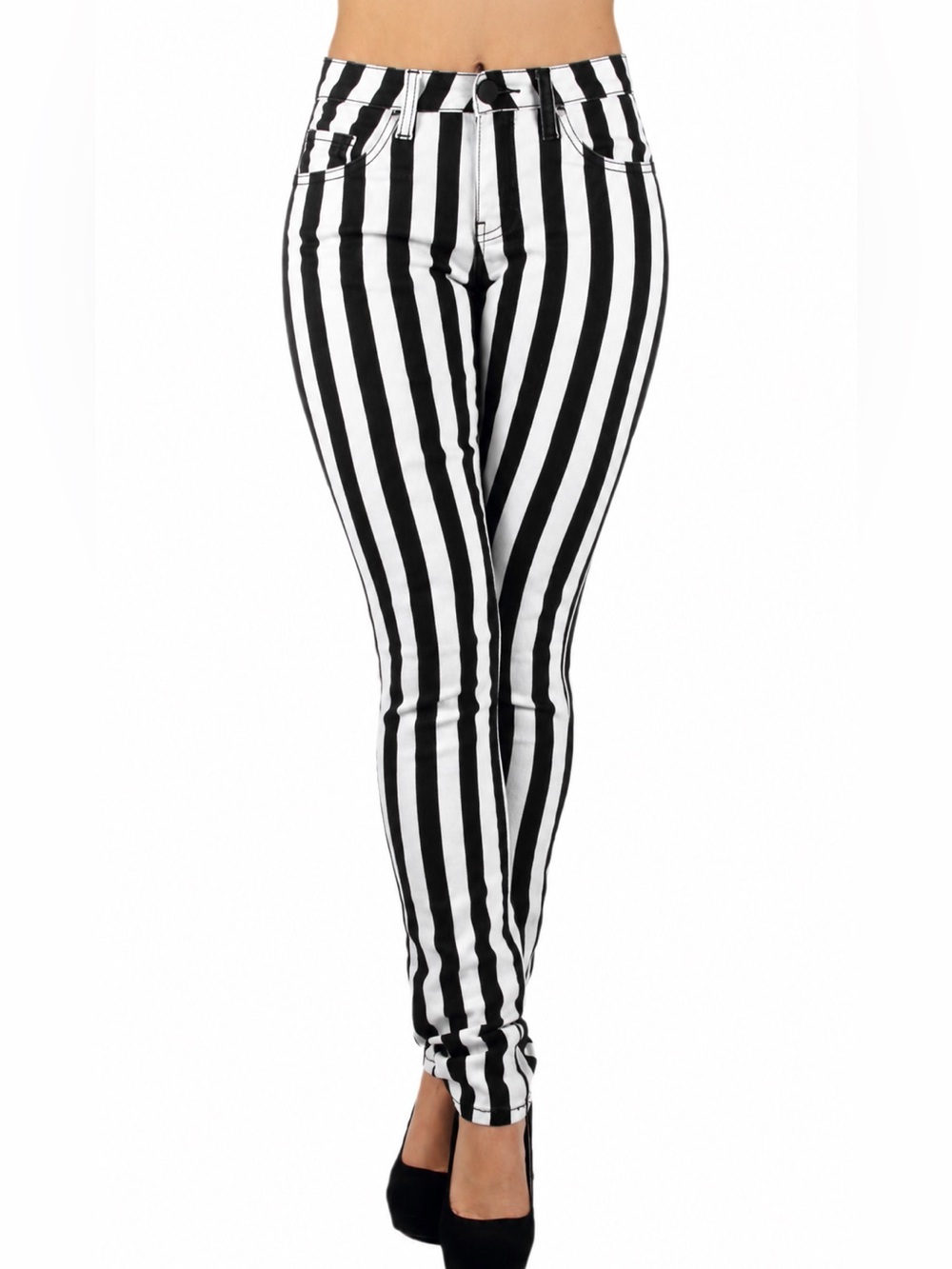 Divided Black & White Vertical Stripe Skinny Pants